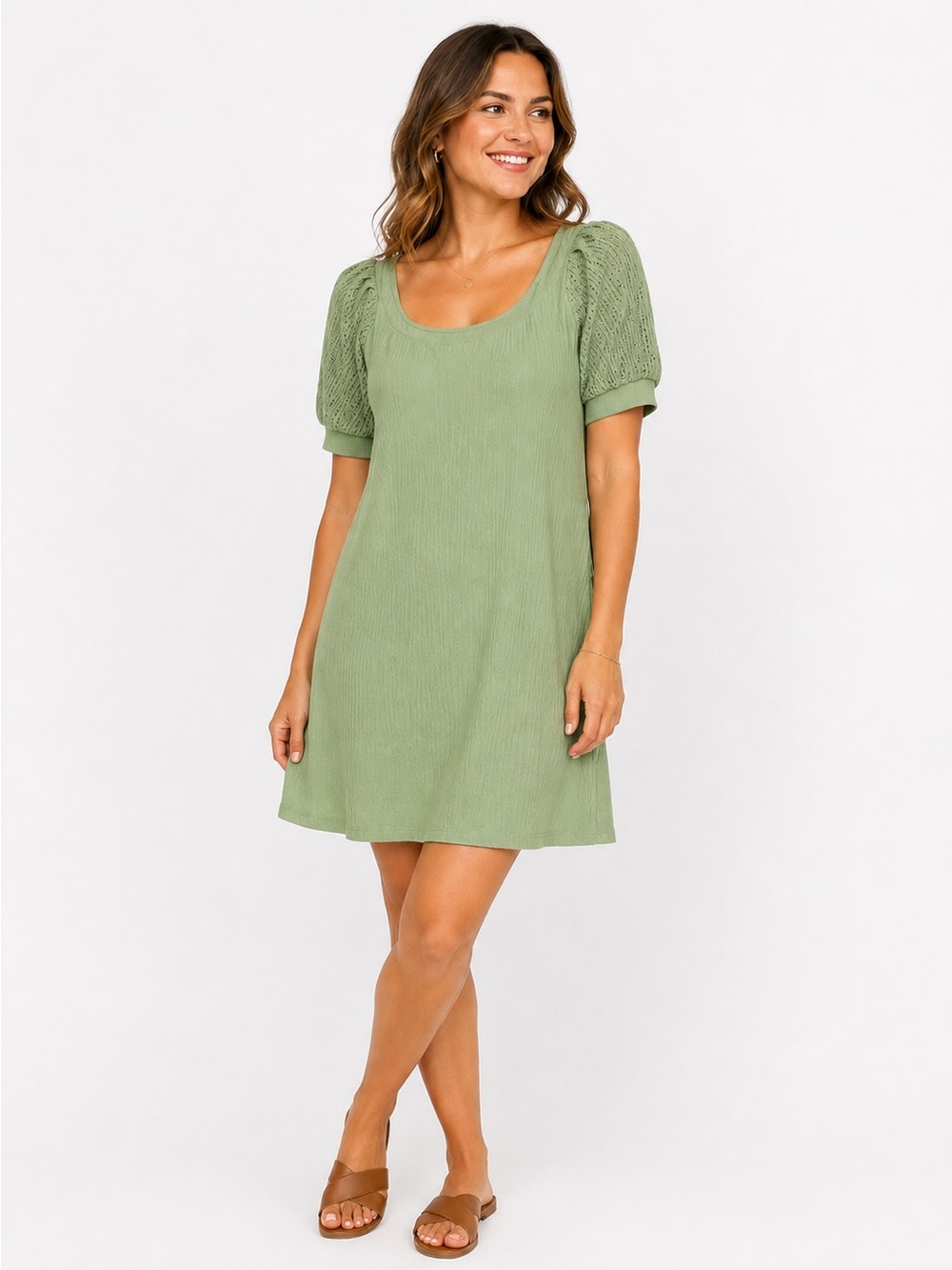 NWT Scoop Sage Green Ribbed Puff Sleeve Mini Dress Size Large (12–14)
